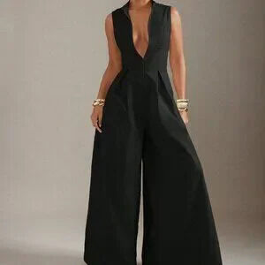 Black Elegant Women's Extreme Wide Leg Zip Front Sleeveless Jumpsuit